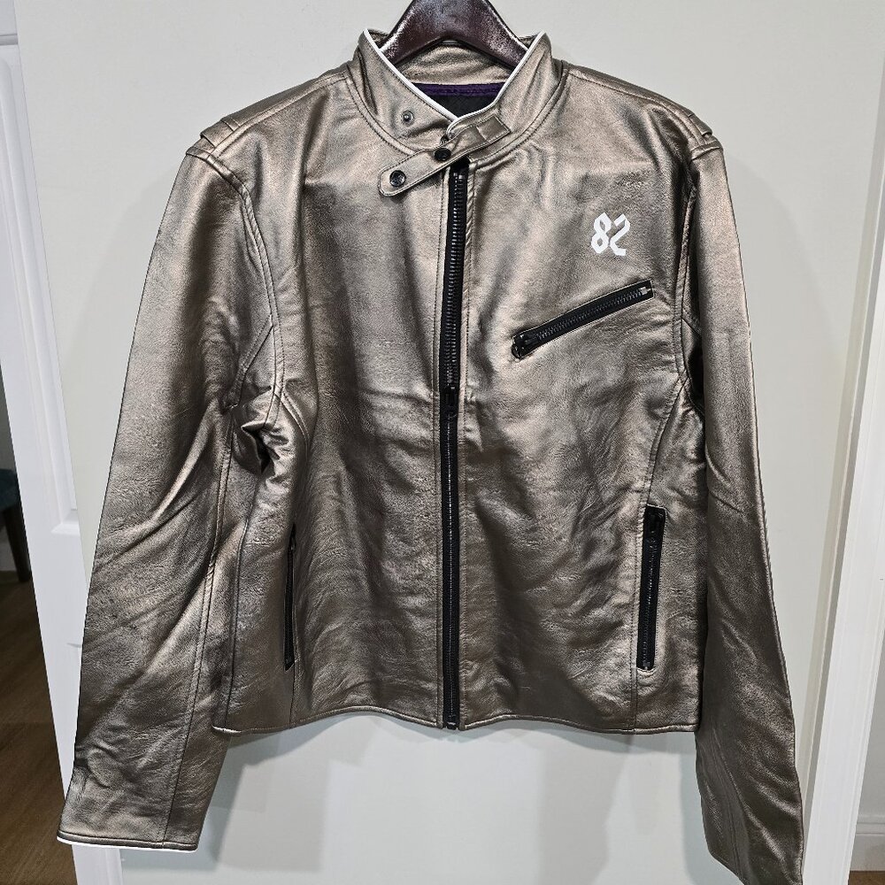 Create 2MRW Men's XL -82 C’Est La "F" Vie Faux Leather Biker Jacket-Silv/Blk NWT